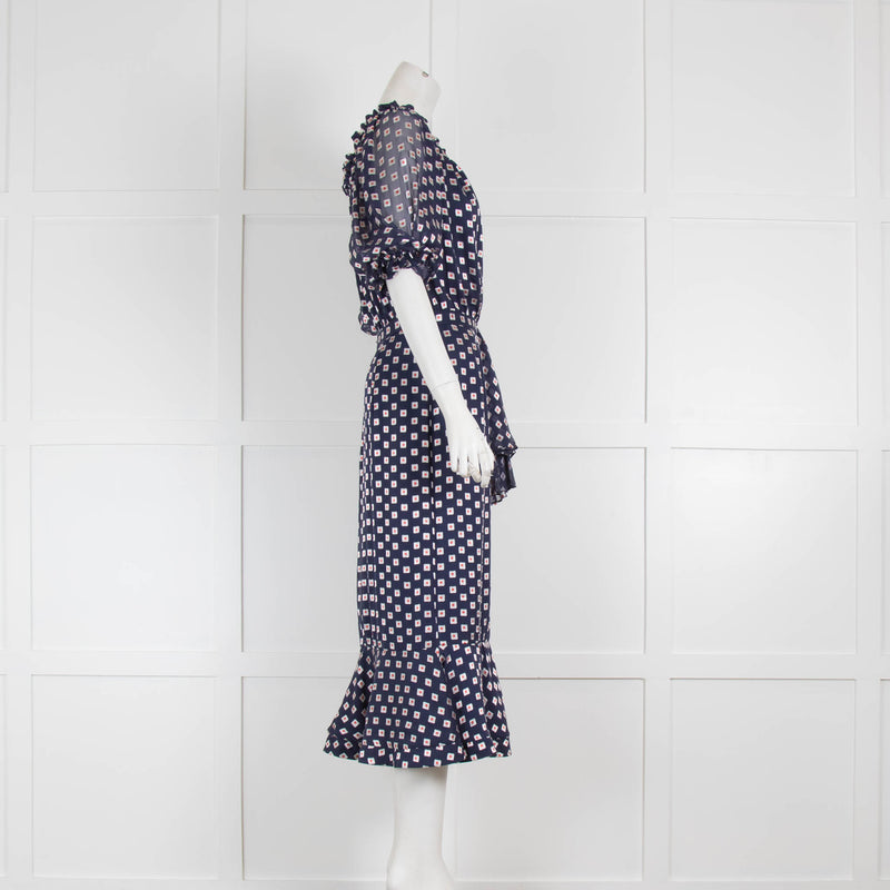 Saloni Silk Blue with Silver Squares, Frill Hem Dress