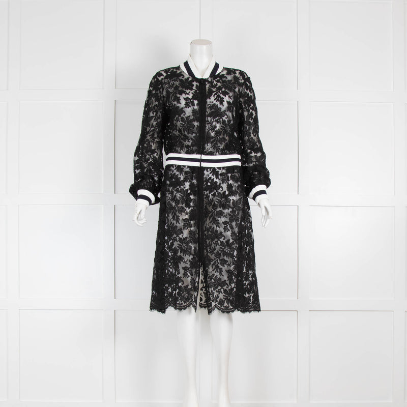 Chanel Black Lace Front Zip Dress with Cream and Black Collar and Waistband