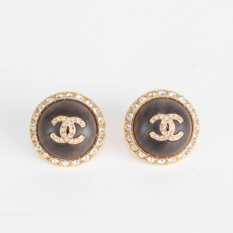 Chanel Wooden Gold Crystal CC Round Earrings