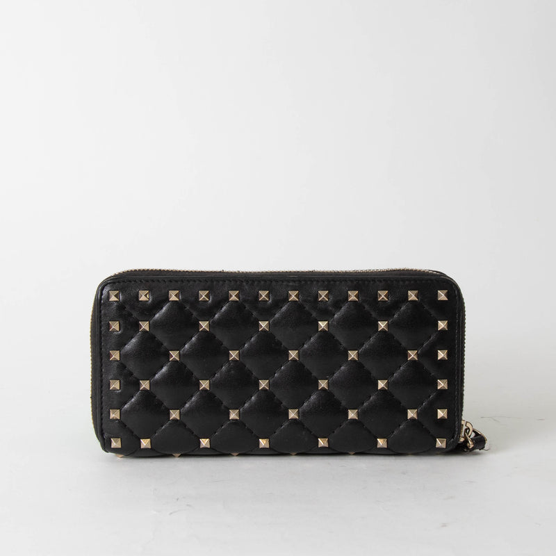 Valentino Garavani Black Leather Spike Zip Around Wallet