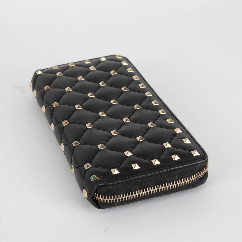 Valentino Garavani Black Leather Spike Zip Around Wallet