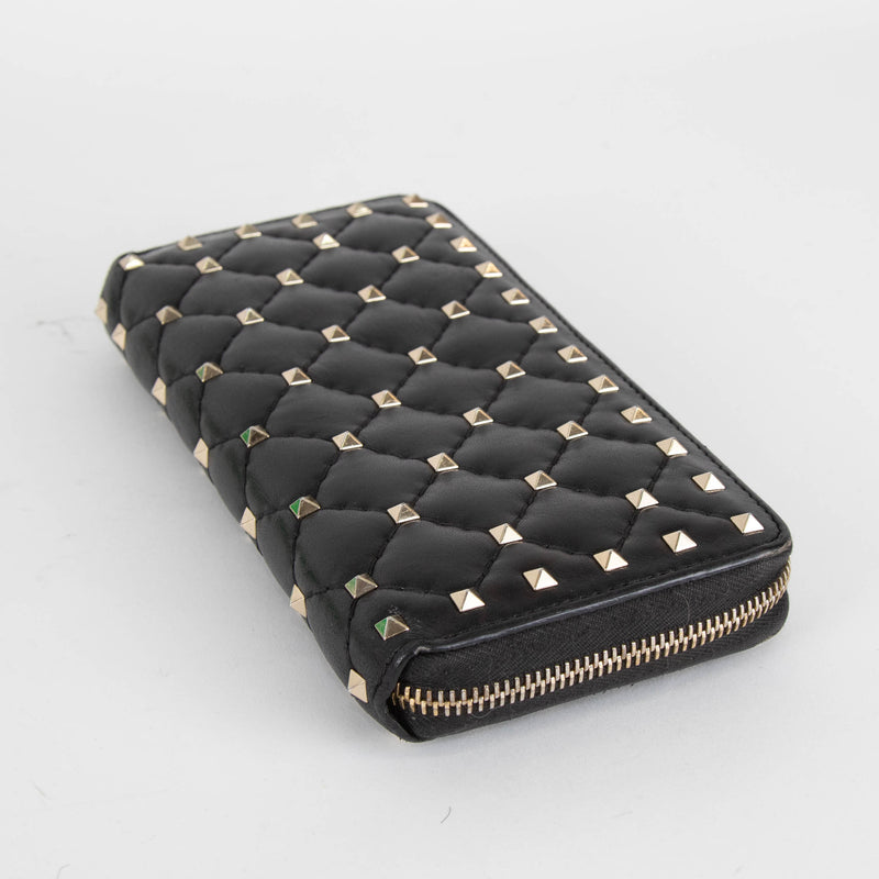 Valentino Garavani Black Leather Spike Zip Around Wallet