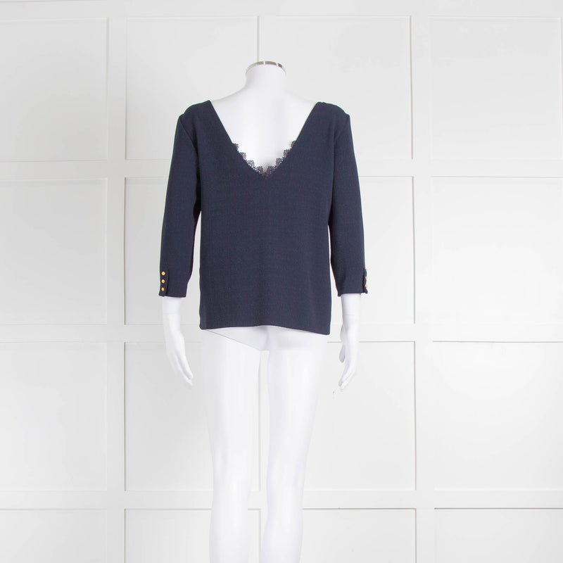 Sezane Navy Textured V-Neck Top