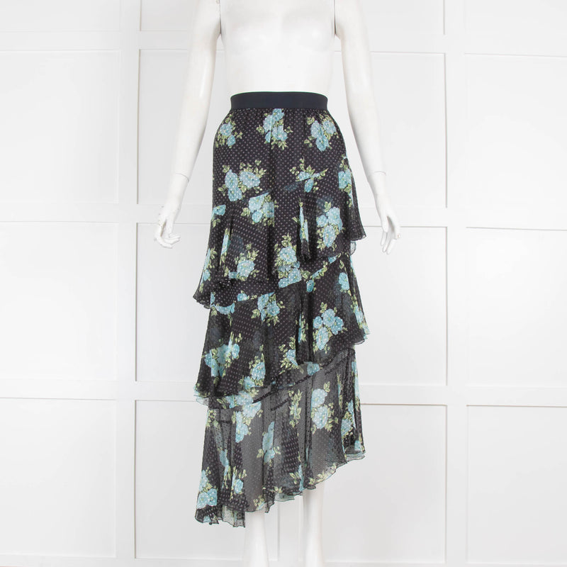 Zimmermann Black Floral Tiered Skirt