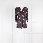 Ganni Black Satin Pink Rose Print Long Sleeved Dress