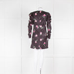 Ganni Black Satin Pink Rose Print Long Sleeved Dress