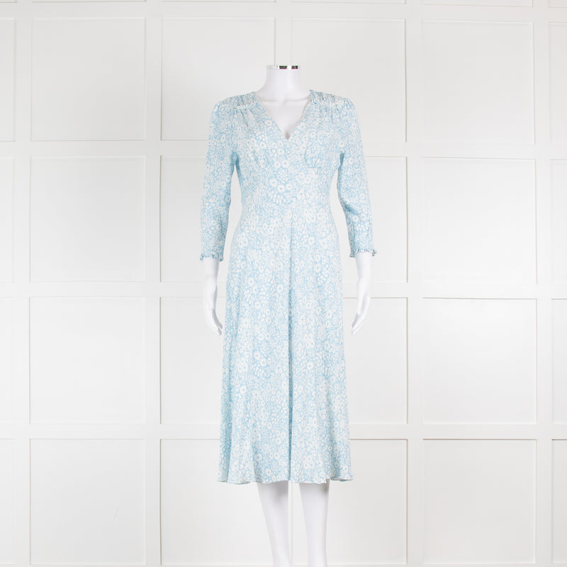 Rixo Pale Blue Floral Bias Cut V Neck Dress