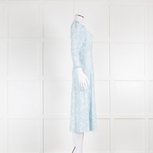 Rixo Pale Blue Floral Bias Cut V Neck Dress