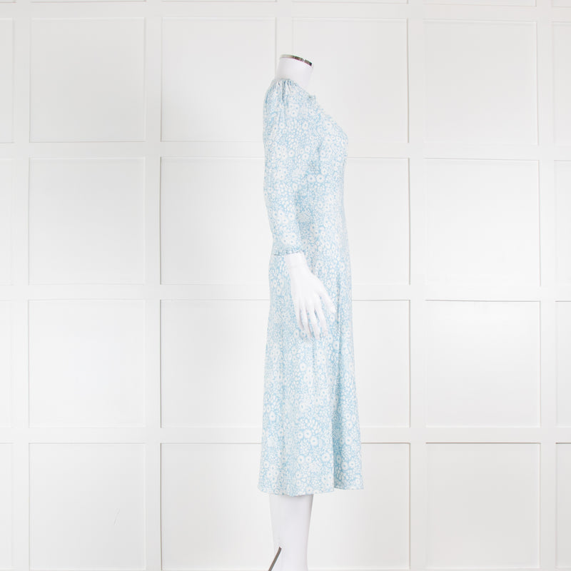 Rixo Pale Blue Floral Bias Cut V Neck Dress