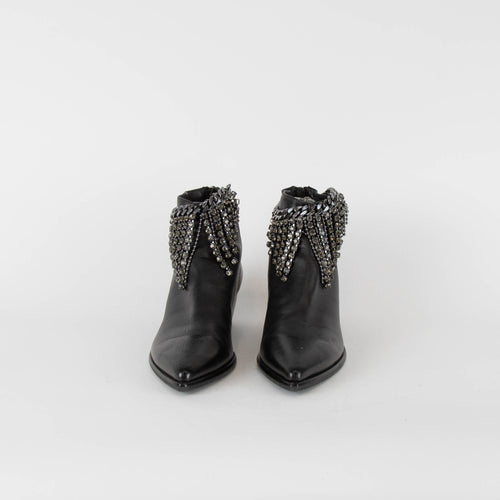 Russell & Bromley Black Chain & Diamante Pointed Ankle Boots