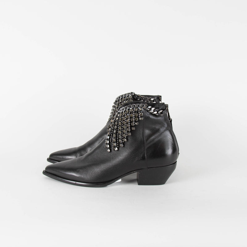 Russell & Bromley Black Chain & Diamante Pointed Ankle Boots