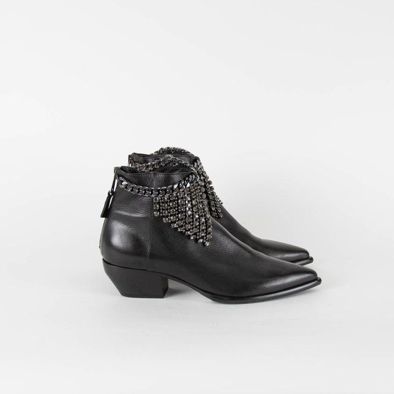 Russell & Bromley Black Chain & Diamante Pointed Ankle Boots