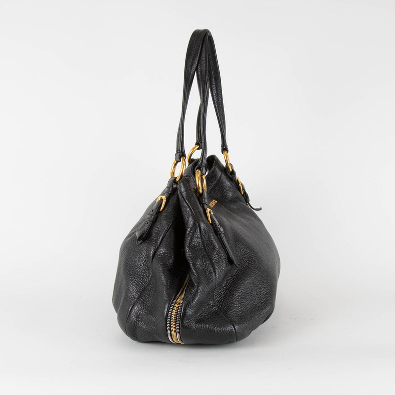 Prada Black Antik Cervo Leather Hobo Bag