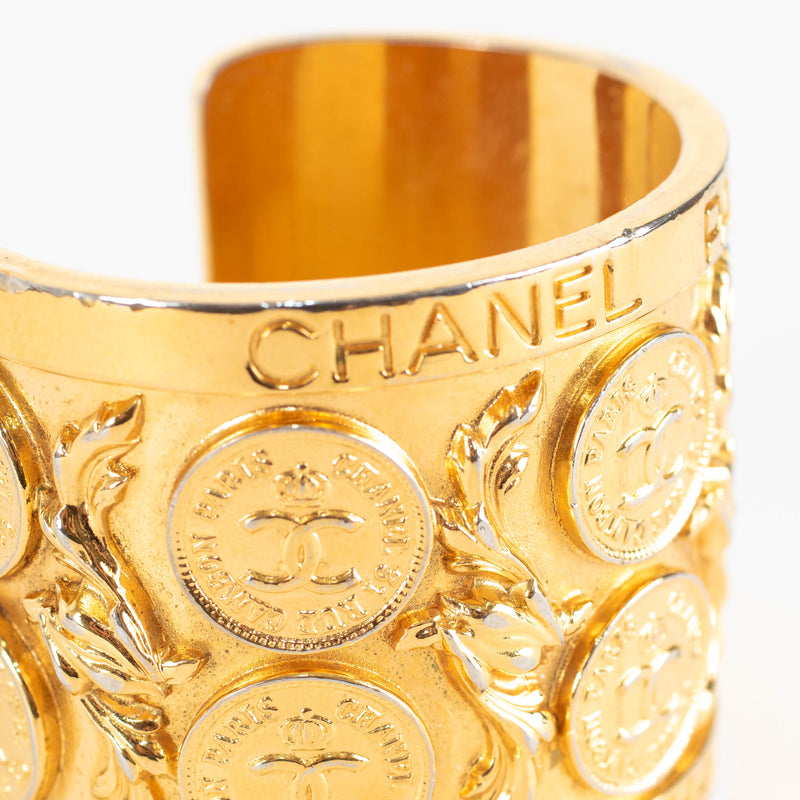 Chanel Gold Vintage CC Coin Stamp Wide Cuff Bracelet