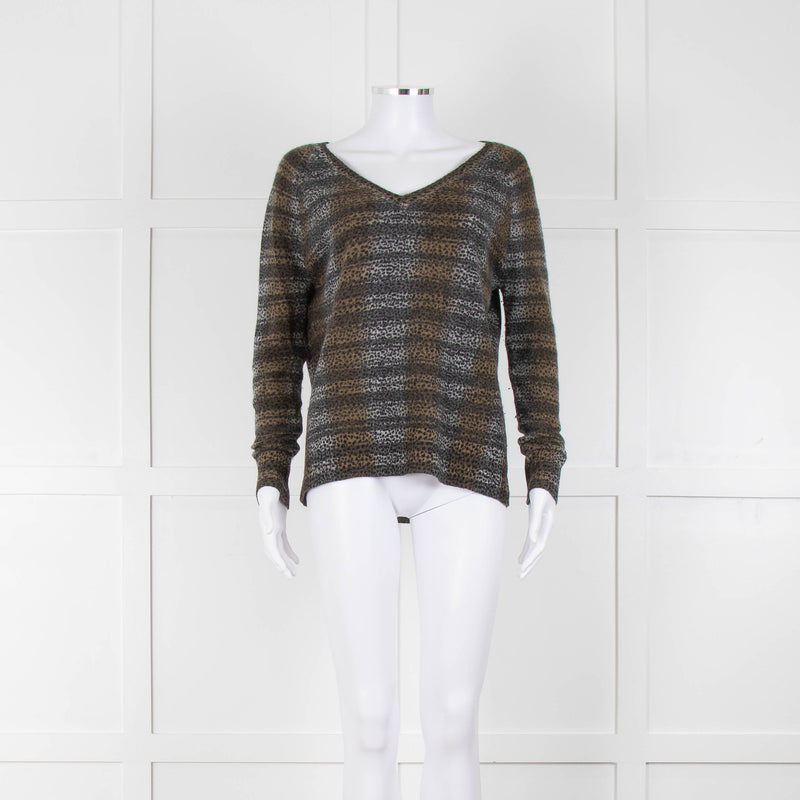 360 Cashmere Grey Beige Print Cashmere V-Neck Sweater