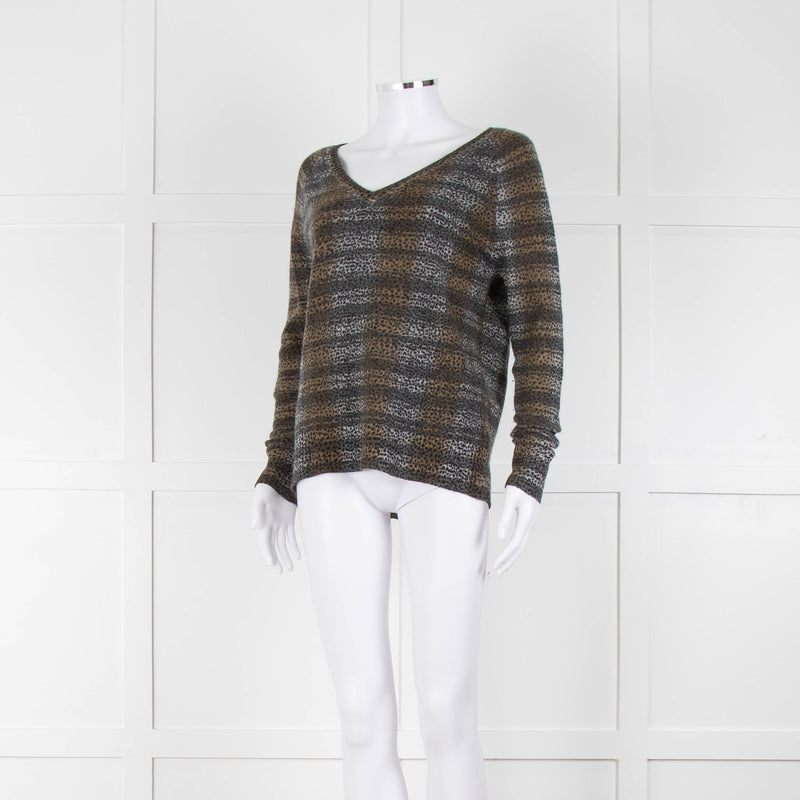 360 Cashmere Grey Beige Print Cashmere V-Neck Sweater