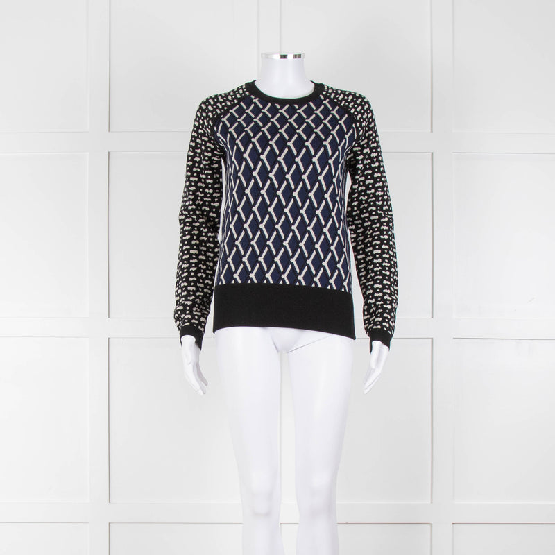 Markus Lupfer Black Navy Geometric Print Merino Wool Sweater