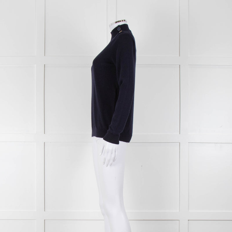 Sezane Navy Blue Merino Wool Button Detail Jumper