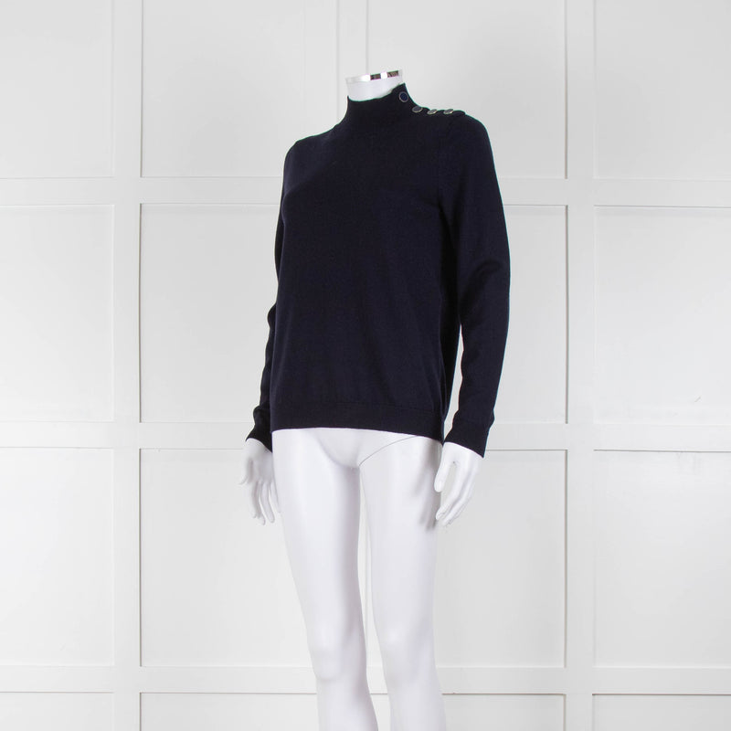 Sezane Navy Blue Merino Wool Button Detail Jumper