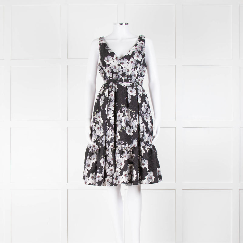 Erdem Textured Black Floral V Neck Fit and Flare Dress