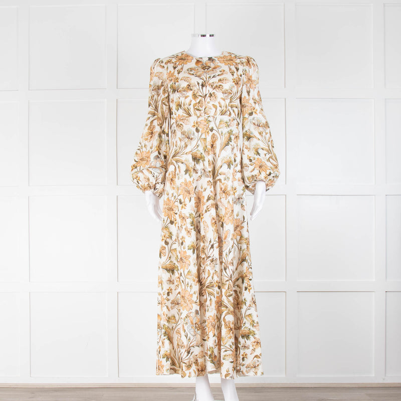 Zimmermann High Neck Linen Muted Floral Dress