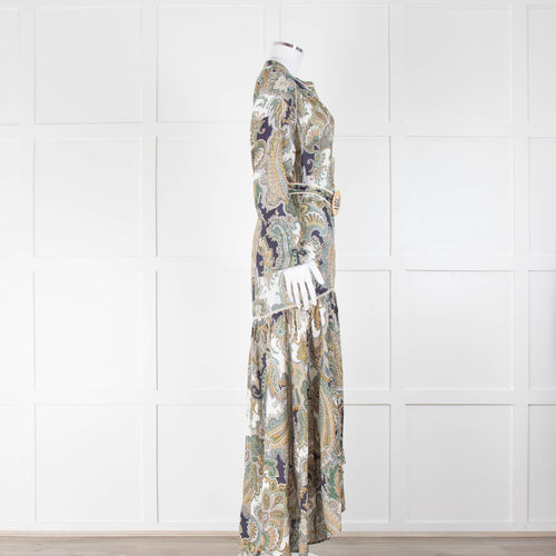 Veronica Beard Green Blue Paisley Maxi Linen Dress with Belt