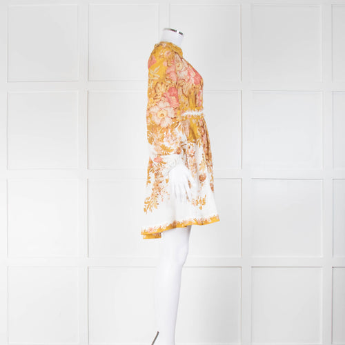 Zimmermann Floral Linen Mini Dress with Mustard and Pink Flowers