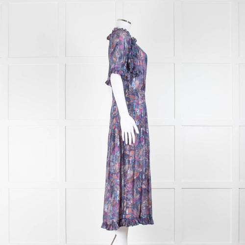 Rebecca Taylor Blue Floral Midi Dress with Lurex Flowers and Pleated Skirt