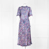 Rebecca Taylor Blue Floral Midi Dress with Lurex Flowers and Pleated Skirt