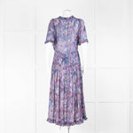 Rebecca Taylor Blue Floral Midi Dress with Lurex Flowers and Pleated Skirt