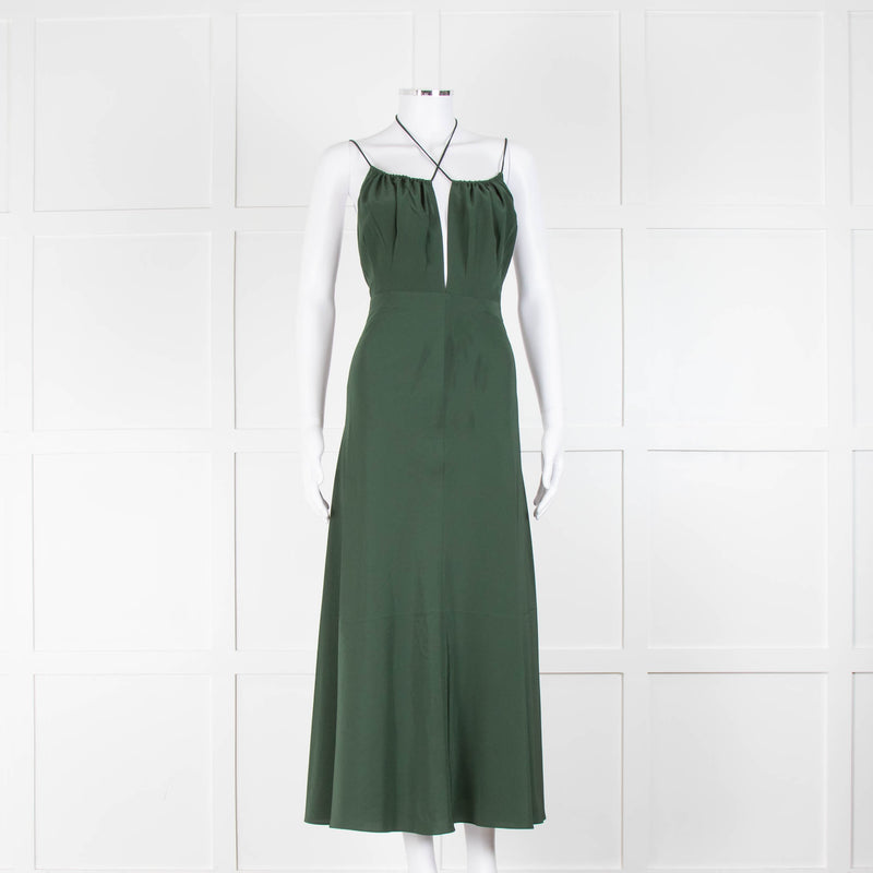 Toteme Forest Green Silk Gathered Neck Halter Neck Maxi Dress