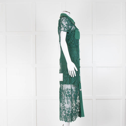 Self-Portrait Green Lace Collared Midi Dress with Jewelled Buttons