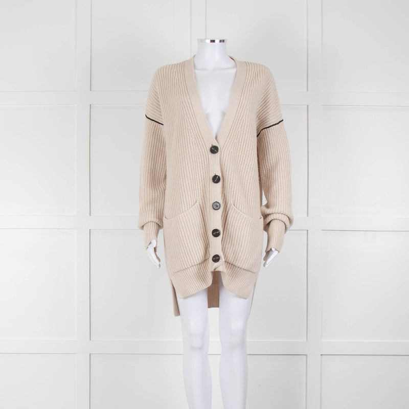 Me + Em Beige Chunky Cashmere Blend Cardigan with Black Piping Detail