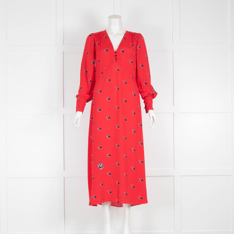 McQ Red Swallow Print Midi Dress