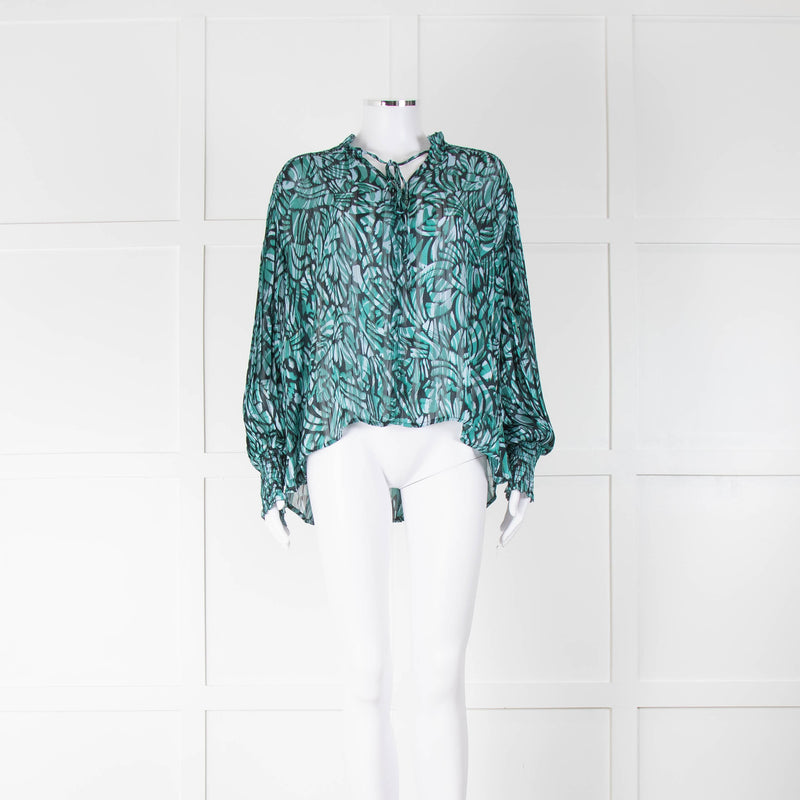 Suncoo Turquoise Patterned Tie Neck Blouse