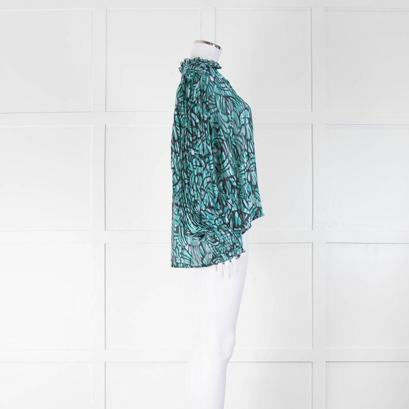 Suncoo Turquoise Patterned Tie Neck Blouse