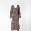 De La Vali Brown Feather Print Waterfall Sleeve Wrap Dress