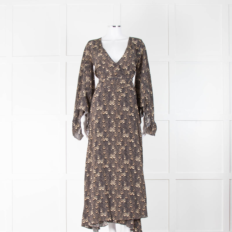 De La Vali Brown Feather Print Waterfall Sleeve Wrap Dress