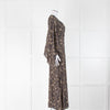 De La Vali Brown Feather Print Waterfall Sleeve Wrap Dress