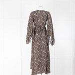 De La Vali Brown Feather Print Waterfall Sleeve Wrap Dress