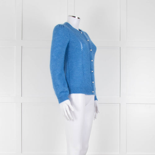 Wyse Blue Mohair Mix Crochet Front Pearl Button Cardigan