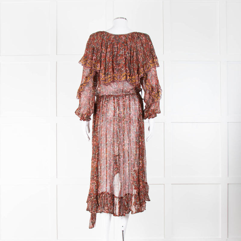 Louizon Rust Coloured Floral Frilled Dress with Lurex Thread