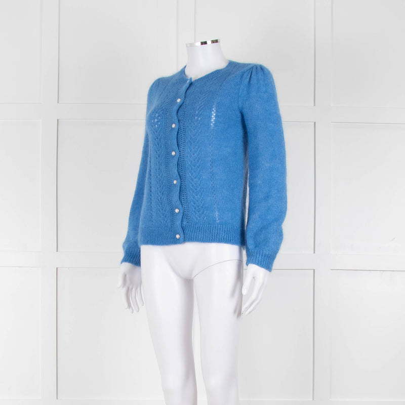 Wyse Blue Mohair Mix Crochet Front Pearl Button Cardigan