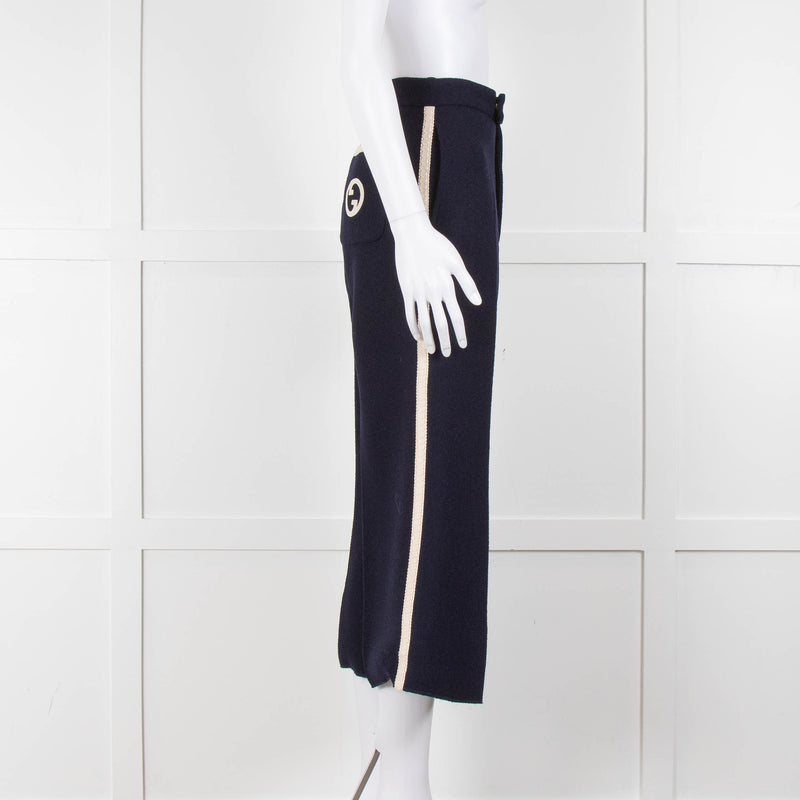 Gucci Navy Boucle Wide Leg Trousers with Cream Side Stripe