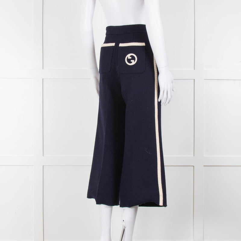 Gucci Navy Boucle Wide Leg Trousers with Cream Side Stripe