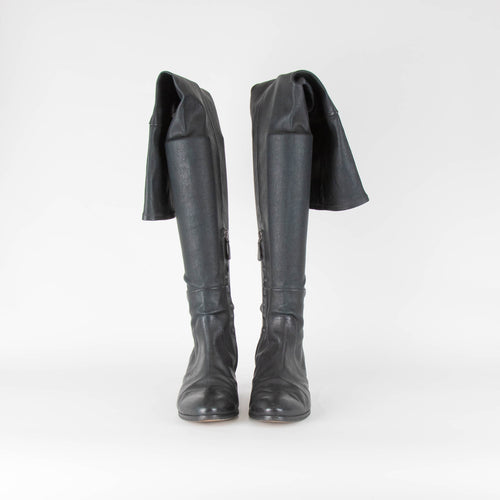 Chanel Black Dark Green Leather Thigh High Over The Knee Boots