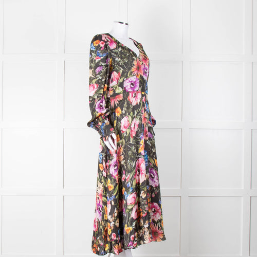 Jane Atelier Black Oversized Floral Midi Dress with Button Cuffs