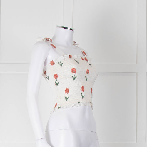 Kapara Smocked White Top with Red Flowers and Tie Shoulder