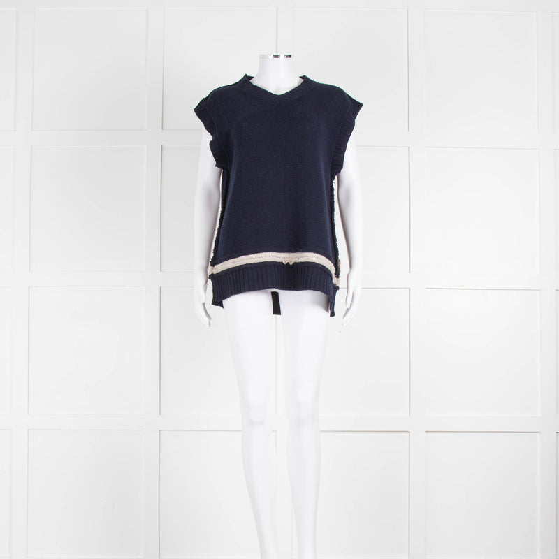 Marni Navy Blue Beige Trim Cashmere Knitted Sleeveless Jumper