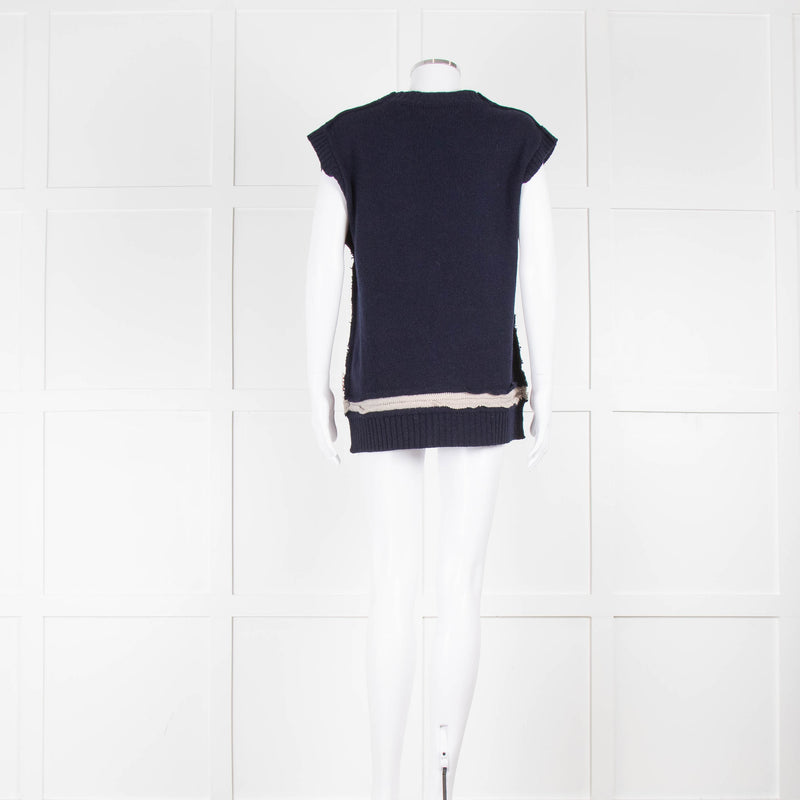 Marni Navy Blue Beige Trim Cashmere Knitted Sleeveless Jumper